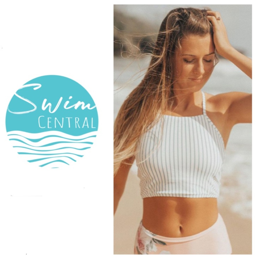 NEW!  Swim Central yellow striped high neck swim top (XXS)